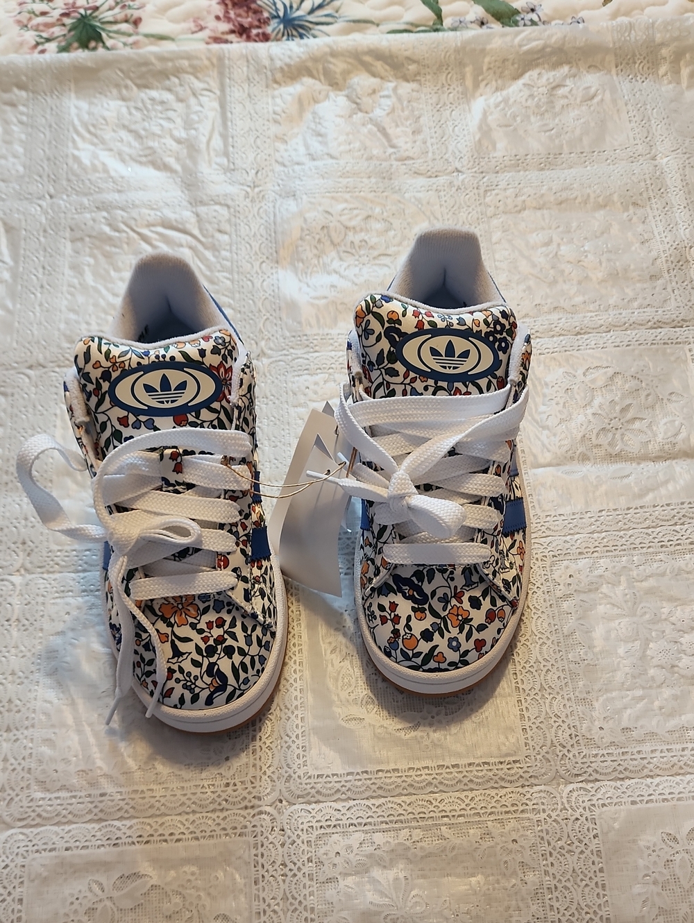 adidas Kids Floral Sneakers in White and Blue with Orange Accents